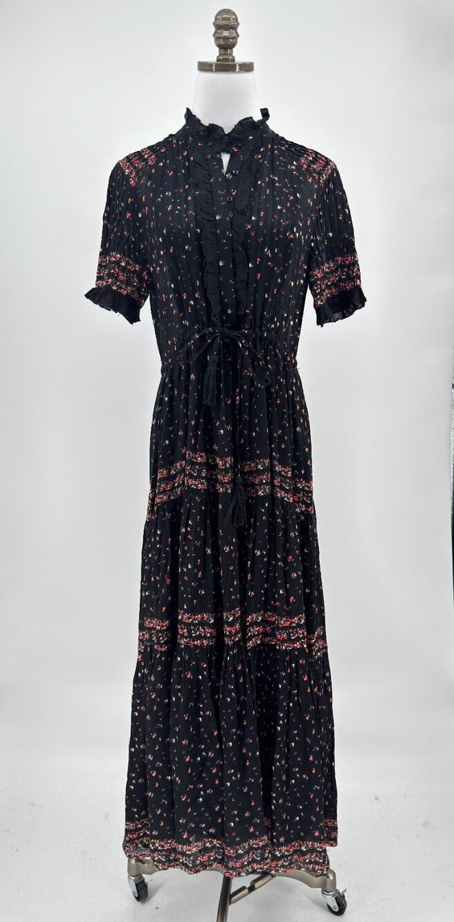 Free People Rare Feeling Black Floral Boho Pleated Tiered Maxi Dress Sz M